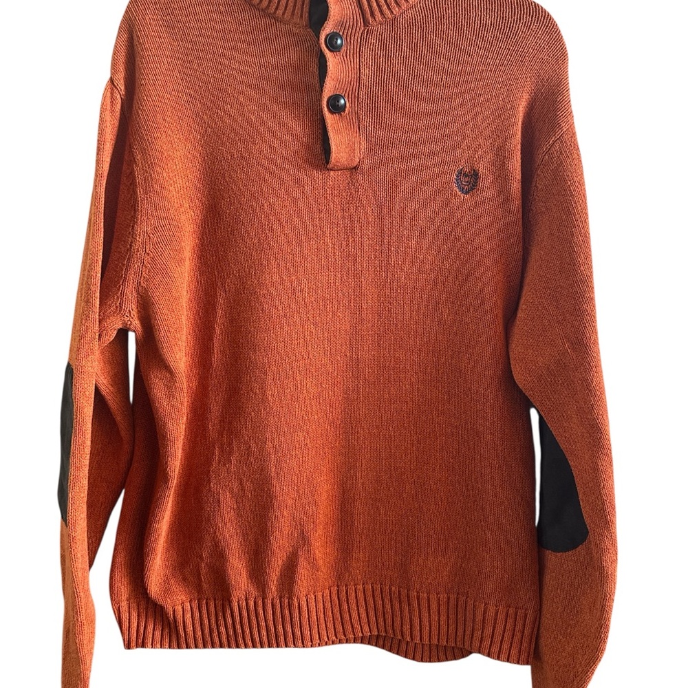 Chaps Men's Size Large‎ Orange Sweater Brown Elbow Patches Buttons